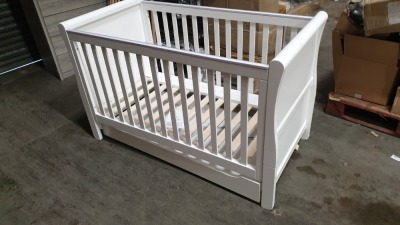 BRAND NEW MOTHERCARE HIGH GLOSS WHITE SLEIGH COT BED WITH STORAGE DRAWER - (KB488) - RRP £299 - IN 2 BOXES