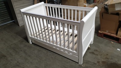 BRAND NEW MOTHERCARE HIGH GLOSS WHITE SLEIGH COT BED WITH STORAGE DRAWER - (KB488) - RRP £299 - IN 2 BOXES