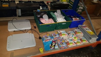 MIXED LOT CONTAINING 2 X CANAON PIXMA PRINTERS, VARIOUS CLEANING PRODUCTS IE KINGFISHER MICROFIBRE CLOTHS AND 3 TRAYS OF CLOTHING (NOT INCLUDED)