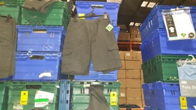 £400 MIN RETAIL VALUE OF CHILDRENS SCHOOL SHORTS AND PANTS IN VARIOUS STYLES AND SIZES IN 5 TRAYS (NOT INCLUDED)