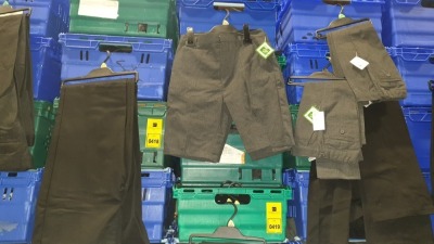 £400 MIN RETAIL VALUE OF CHILDRENS SCHOOL SHORTS AND PANTS IN VARIOUS STYLES AND SIZES IN 5 TRAYS (NOT INCLUDED)