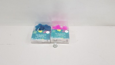 144 X BRAND NEW SUMMER LIVING TEN PACK PLASTIC LIGHTS WITH LED BULBS WIRE LENGTH 110CM COMES IN 2 DESIGNS BLUE -GLOW BUTTERFLY AND PINK GLOW ROSES IN 6 BOXES