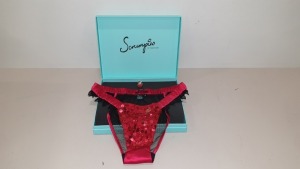 50 X SCRUMPIES OF MAYFAIR CHERRY COX TANGA BRIEFS - SIZES 10-12 (2-3) - WITH BAG OF 50 CHARMS AND 25 PRESENTATION BOXES RRP £35 EACH (£1750.00)