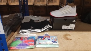 MIXED ADIDAS LOT CONTAINING SIZE 5 ADIDAS TRAINERS, KIDS ADIDAS JOGGERS, TOPS, JUMPERS AND BOYS BRIEFS