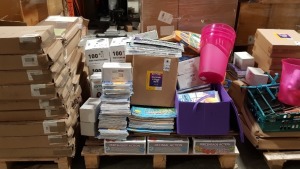 FULL EDUCATIONAL PALLET CONTAINING FOAM ERASERS, TE4EA LIGHT STANDS, EDUCATIONAL BOOKS, PIGGY BANKS, PAINT AND BINS ETC