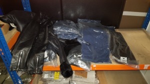 MIXED CLOTHING LOT CONTAINING MISS SELFRIDGE LEATHER FAUX FUR STYLED JACKETS, DOROTHY PERKINS LEATHER JACKETS, DOROTHY PERKINS BLACK JEANS AND 16 X ONLY 7 SONS POLO SHIRTS