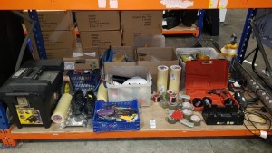 ASSORTED LOT CONTAINING STANLEY MOBILE TOOL BOX, MAKTEC DRILL, TAPE, GLUEGUNS, TOOLS ETC - IN ONE FULL BAY