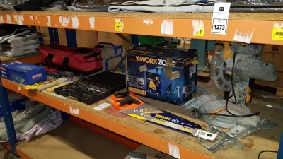 12 PIECE ASSORTED TOOL LOT CONTAINING FAITHFUL 5 PIECE TROWEL SET, SOCKET SET, SAWS, WORKZONE 80 AMP ARC WELDER, TITAN CHOP SAW, KRAMER HACKSAW ETC