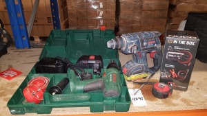 5 PIECE ASSORTED LOT CONTAINING BOSCH PSB 24 VE-2 DRILL AND CHARGER, BOSCH HAMMER DRILL, NOCO CHARGER + INTERCHANGEABLE CONNECTOR, TAPE MEASURE AND DRILL BIT.