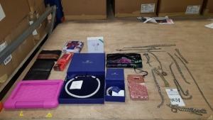 25 PIECE ASSORTED LOT CONTAINING CHAINS, BRACELTS, SWAROVSKI NECKLACE, WALLETS, HEADPHONES, PHONE CASES, AND PURSE.
