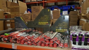 LARGE QUANTITY ASSORTED LOT CONTAINING VARIOUS CAR WIPERS, ALLOY Y-BAR 100MM WHEEL ALLOY DECK AND LARGE AUTOCAR RUBBER TORCH