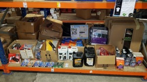 LARGE QUANTITY ASSORTED LOT CONTAINING SPARK PLUGS, YUASA MOTORBIKE BATTERY, BIKE PUMPS, BIKE WATER BOTTLES, FULL SET CAR SEAT COVERS, SUN SHADES, VARIOUS CLEANING PRODUCTS ETC