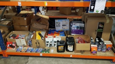 LARGE QUANTITY ASSORTED LOT CONTAINING SPARK PLUGS, YUASA MOTORBIKE BATTERY, BIKE PUMPS, BIKE WATER BOTTLES, FULL SET CAR SEAT COVERS, SUN SHADES, VARIOUS CLEANING PRODUCTS ETC