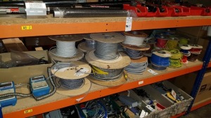 FULL BAY CONTAINING APPROX 35 + VARIOUS PART ROLLS OF ELECTRICAL WIRE / CABLE