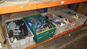 5 FULL TRAYS CONTAINING ELECTRICAL EQUIPMENT CONTAINING WIRES, CABLES, PLUG SOCKETS AND ELECTRICAL GADGETS ETC (TRAYS NOT INCLUDED)