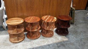 3 X LIGHT WOODEN SPINNING TABLES WITH LOWER SECTIONS AND 1 X DARK WOODEN SPINNING TABLE WITH LOWER SECTIONS (RETURNS)