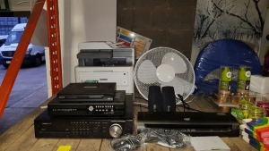 7 PIECE MIXED OFFICE LOT CONTAINING BROTHER COLOURED PRINTER, SWANN DIGITAL VIDEO RECORDER WITH PLAYBACK, COBRA ELITE RT16 SYSTEM, JBC LAMINATOR, TRUST SPEAKERS AND A FAN