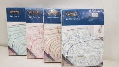 25 X ESSENTIAL COLOROLL DOUBLE DUVET SETS IN VARIOUS STYLES IE BLUE FLORAL, PINK FLORAL, BLUE STRIPED AND BEIGE WITH WHITE STRIPED BEDDING ALL INCLUDE 2 PILLOW CASES