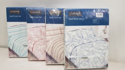 25 X ESSENTIAL COLOROLL DOUBLE DUVET SETS IN VARIOUS STYLES IE BLUE FLORAL, PINK FLORAL, BLUE STRIPED AND BEIGE WITH WHITE STRIPED BEDDING ALL INCLUDE 2 PILLOW CASES