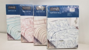 25 X ESSENTIAL COLOROLL DOUBLE DUVET SETS IN VARIOUS STYLES IE BLUE FLORAL, PINK FLORAL, BLUE STRIPED AND BEIGE WITH WHITE STRIPED BEDDING ALL INCLUDE 2 PILLOW CASES