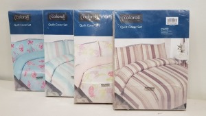 25 X ESSENTIAL COLOROLL SINGLE DUVET SETS IN VARIOUS STYLES IE BLUE WITH PINK FLOWER PRINT, WHITE WITH FLOWER PRINT, BLUE, WHITE AND PINK STRIPED/ SPOTTED BEDDING AND BEIGE AND CREAM STRIPED/ SPOTTED BEDDING ALL INCLUDE 1 PILLOW CASE