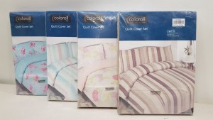 25 X ESSENTIAL COLOROLL SINGLE DUVET SETS IN VARIOUS STYLES IE BLUE WITH PINK FLOWER PRINT, WHITE WITH FLOWER PRINT, BLUE, WHITE AND PINK STRIPED/ SPOTTED BEDDING AND BEIGE AND CREAM STRIPED/ SPOTTED BEDDING ALL INCLUDE 1 PILLOW CASE