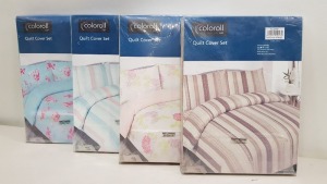 25 X ESSENTIAL COLOROLL SINGLE DUVET SETS IN VARIOUS STYLES IE BLUE WITH PINK FLOWER PRINT, WHITE WITH FLOWER PRINT, BLUE, WHITE AND PINK STRIPED/ SPOTTED BEDDING AND BEIGE AND CREAM STRIPED/ SPOTTED BEDDING ALL INCLUDE 1 PILLOW CASE