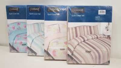 25 X ESSENTIAL COLOROLL SINGLE DUVET SETS IN VARIOUS STYLES IE BLUE WITH PINK FLOWER PRINT, WHITE WITH FLOWER PRINT, BLUE, WHITE AND PINK STRIPED/ SPOTTED BEDDING AND BEIGE AND CREAM STRIPED/ SPOTTED BEDDING ALL INCLUDE 1 PILLOW CASE