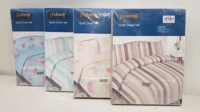 25 X ESSENTIAL COLOROLL SINGLE DUVET SETS IN VARIOUS STYLES IE BLUE WITH PINK FLOWER PRINT, WHITE WITH FLOWER PRINT, BLUE, WHITE AND PINK STRIPED/ SPOTTED BEDDING AND BEIGE AND CREAM STRIPED/ SPOTTED BEDDING ALL INCLUDE 1 PILLOW CASE