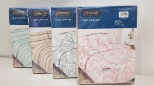 25 X ESSENTIAL COLOROLL KING DUVET SETS IN VARIOUS STYLES IE BLUE FLORAL, PINK FLORAL, BLUE STRIPED AND BEIGE WITH WHITE STRIPED BEDDING ALL INCLUDE 2 PILLOW CASES