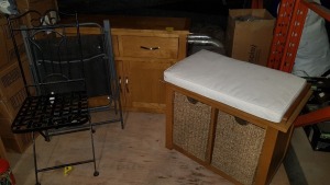 MIXED FURNITURE LOT CONTAINING 2 DRAW, 2 DOOR WOODEN CUPBOARD, WOODEN LAUNDRY CUPBOARD WITH DUAL COMPARTMENT WILLOW STORAGE AND BLACK IRON GARDEN CHAIR ETC