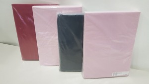 APPROX 60 X BRAND NEW PLAIN DYED EXTRA DEEP FITTED SHEETS IN VARIOUS SIZES AND COLOURS IE BLACK SUPER KING, PINK KING SIZE AND RED SINGLE