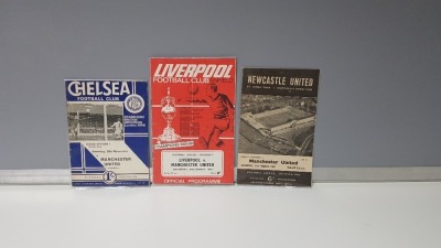 3 X MANCHESTER UNITED AWAY PROGRAMMES FROM THE 1967 SEASON TO INCLUDE - MANCHESTER UNITED VS NEWCASTLE UNITED, LIVERPOOL, CHELSEA IN VERY GOOD CONDITION