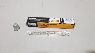 500 X BRAND NEW DEFENDER 240V 400W C-CLASS HALOGEN TUBES (CODE E57059) - RRP £34.99 PER INNER OF 50 (TOTAL £349.90) - IN 1 TRADE CARTON