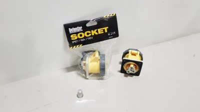 160 X BRAND NEW DEFENDER IP67 110V 16A SOCKETS ON HEADER CARDS (CODE E884308) - RRP £3.60 EACH - IN 2 BOXES