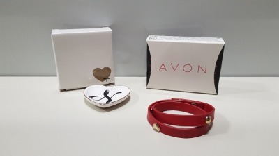 TRAY CONTAINING 200+ BRAND NEW ASSORTED INDIVIDUALLY PACKAGED AVON INITIAL RING DISH AND RONNI RED BRACELET.