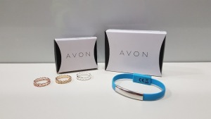 TRAY CONTAINING 200+ BRAND NEW ASSORTED INDIVIDUALLY PACKAGED AVON TAYLOR USB CHARGER BLUE BRACELET AND SET OF 3 RINGS