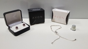 TRAY CONTAINING 200+ BRAND NEW ASSORTED INDIVIDUALLY PACKAGED AVON SENA DIAMONDESQUE RED EARRINGS AND B INITIAL BRACELET