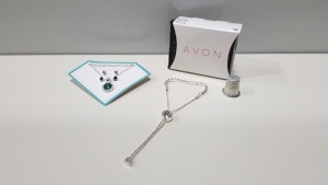 TRAY CONTAINING 200+ BRAND NEW ASSORTED INDIVIDUALLY PACKAGED AVON NADYA 3 PIECE BIRTHSTONE GIFTSET AND BOBBY INITIAL BRACELET.