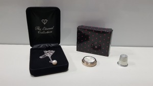 TRAY CONTAINING 200+ BRAND NEW ASSORTED INDIVIDUALLY PACKAGED AVON KELISS RING AND AUBRIELLE DIAMOND & PEARL NECKLACE