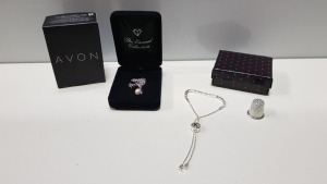 TRAY CONTAINING 200+ BRAND NEW ASSORTED INDIVIDUALLY PACKAGED AVON BOBBY INITIAL BRACELET AND AUBRIELLE DIAMOND & PEARL NECKLACE.