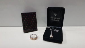 TRAY CONTAINING 200+ BRAND NEW ASSORTED INDIVIDUALLY PACKAGED AVON AUBRIELLE DIAMOND & PEARL NECKALCE, BOBBY INITIAL BRACELET AND JASLENE GUARDIAN ANGEL EARRING.