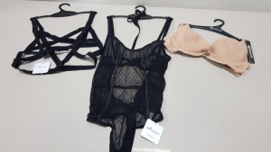 APPROX 40 PIECE MIXED WOMENS LOT ON A RAIL CONTAINING ANN SUMMERS BUMLESS LEOPARD PRINT BREIFS, ANN SUMMERS BLACK BACK HARNESS AND ANN SUMMERS LATTICE DIAMOND BLACK BODY SUIT ETC…