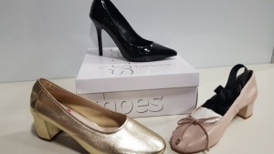 15 X BRAND NEW TOPSHOP SHOES IN VARIOUS STYLES AND SIZES IE UK SIZE 6 JUNO GOLD SHOES, UK SIZE 5 LAVA NUDE SHOES AND UK SIZE 4 GEMINI2 BLACK SHOES ETC