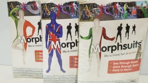 26 X BRAND NEW ADULT IRELAND FLAG MORPHSUIT EXTRA EXTRA LARGE, 4 X BRAND NEW ITALY FLAG MORPHSUIT EXTRA EXTRA LARGE AND 2 X UNION JACK MORPHSUIT EXTRA EXTRA LARGE