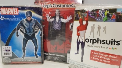 20 X BRAND NEW ADULT BLACK BOLT MORPHSUIT LARGE, 8 X BRAND NEW ADULT HOLLAND FLAG MORPHSUIT MEDIUM AND 2 X BRAND NEW VAMPIRE BATBUSTER LARGE