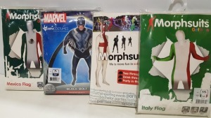 11 X BRAND NEW ADULT MEXICAN FLAG MORPHSUIT LARGE, 11 X BRAND NEW ADULT ITALY FLAG MORPHSUIT EXTRA EXTRA LARGE, 5 X BRAND NEW ADULT BLACK BOLT MORPHSUIT EXTRA LARGE AND 3 X BRAND NEW ADULT ENGLAND FLAG MORPHSUIT EXTRA EXTRA LARGE