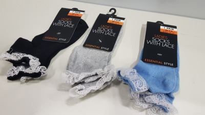 210 X BRAND NEW LADIES SOCKS WITH LACE IN GREY, BLUE AND BLACK