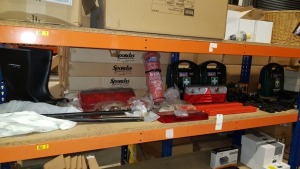 60 + PIECE ASSORTED LOT CONTAINING ICOM IP ADVANCED RADIO SYSTEM, SEALEY FIRST AID KIT, BRAKE LIGHT FITTINGS, VARIOUS STRAPS, POWER FIRE EXTINGUISHER ETC - ON 2 SHELVES