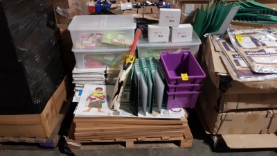 FULL PALLET OF BRAND NEW EDUCATIONAL / STATIONERY EQUIPMENT CONTAINING TRIANGULAR SHORT JUMBO COLOUR PENCILS, CRICKET BAT, VARIOUS EDUCATIONAL FLIP-IT CARDS, FILES, VARIOUS BOOKS, HISTORY TIMELINE ETC